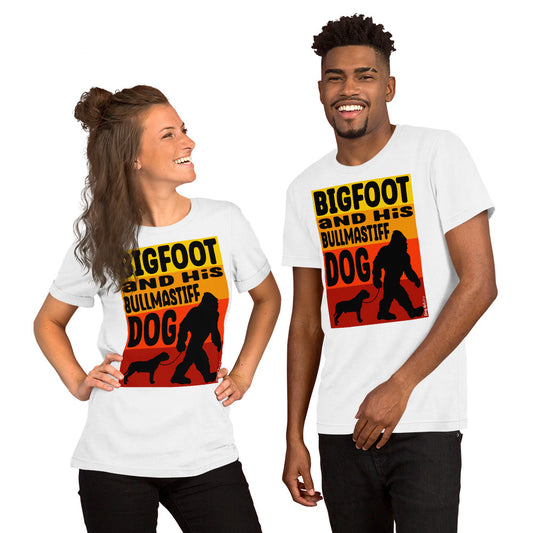 Big foot and his Bullmastiff dog unisex white t-shirt by Dog Artistry.