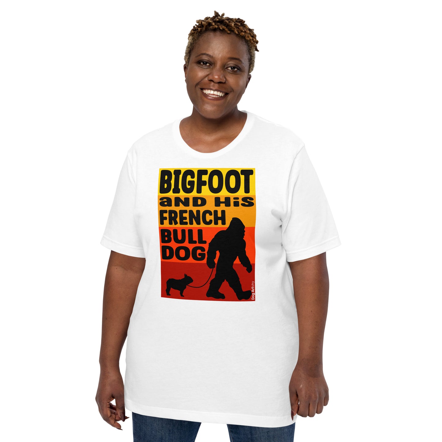 Bigfoot and his French Bulldog unisex white t-shirt by Dog Artistry.