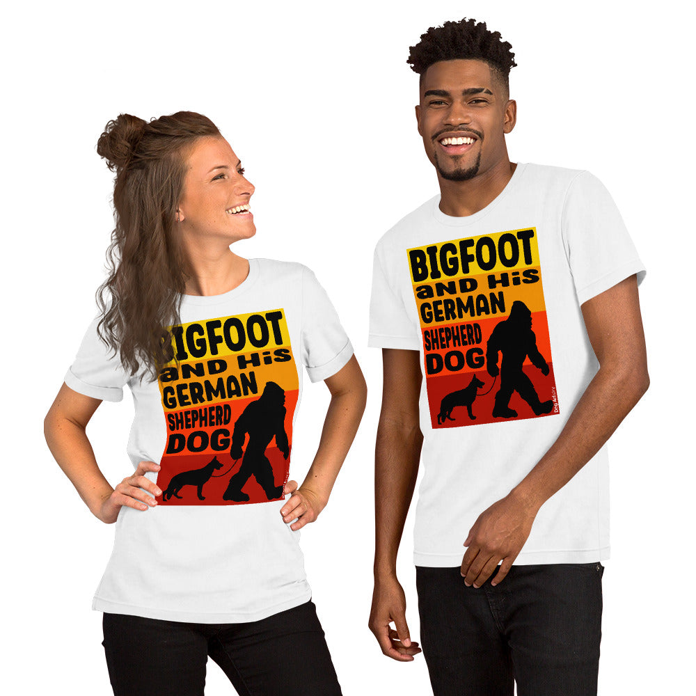 Bigfoot and his German Shepherd unisex white t-shirt by Dog Artistry.