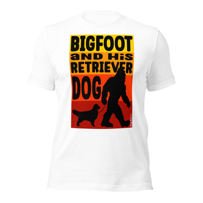 Bigfoot and his Golden Retriever unisex white t-shirt by Dog Artistry.