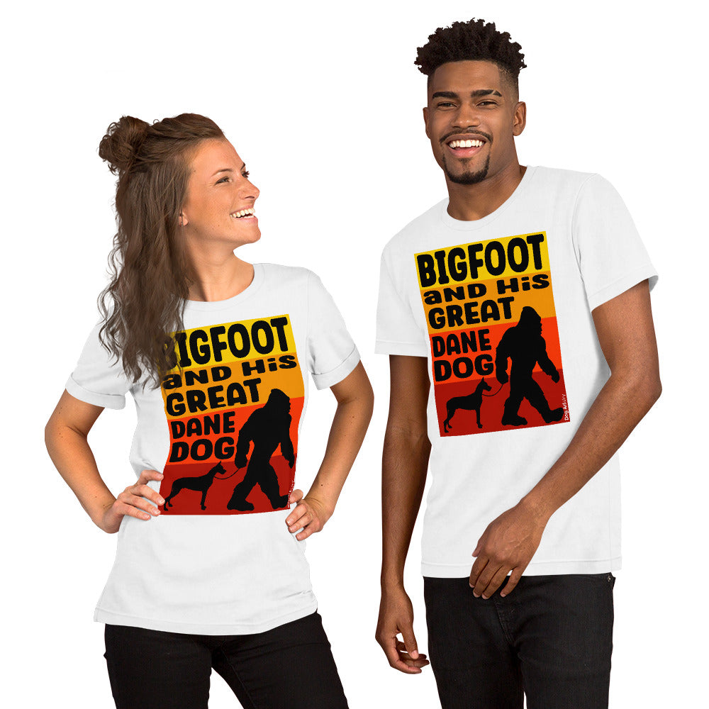 Bigfoot and his Great Dane unisex white t-shirt by Dog Artistry.