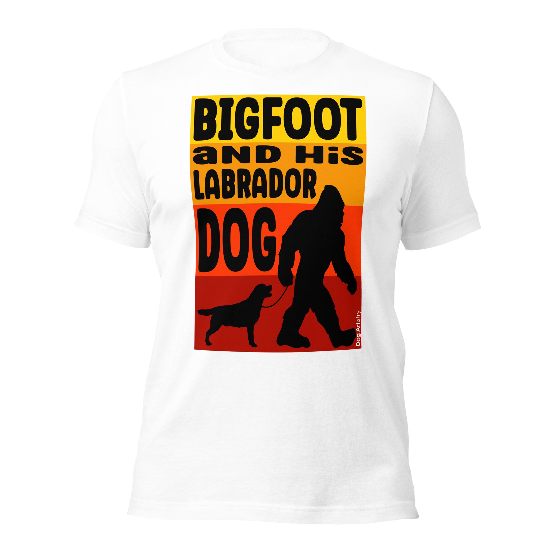 Bigfoot and his labrador retriever unisex white t-shirt by Dog Artistry.
