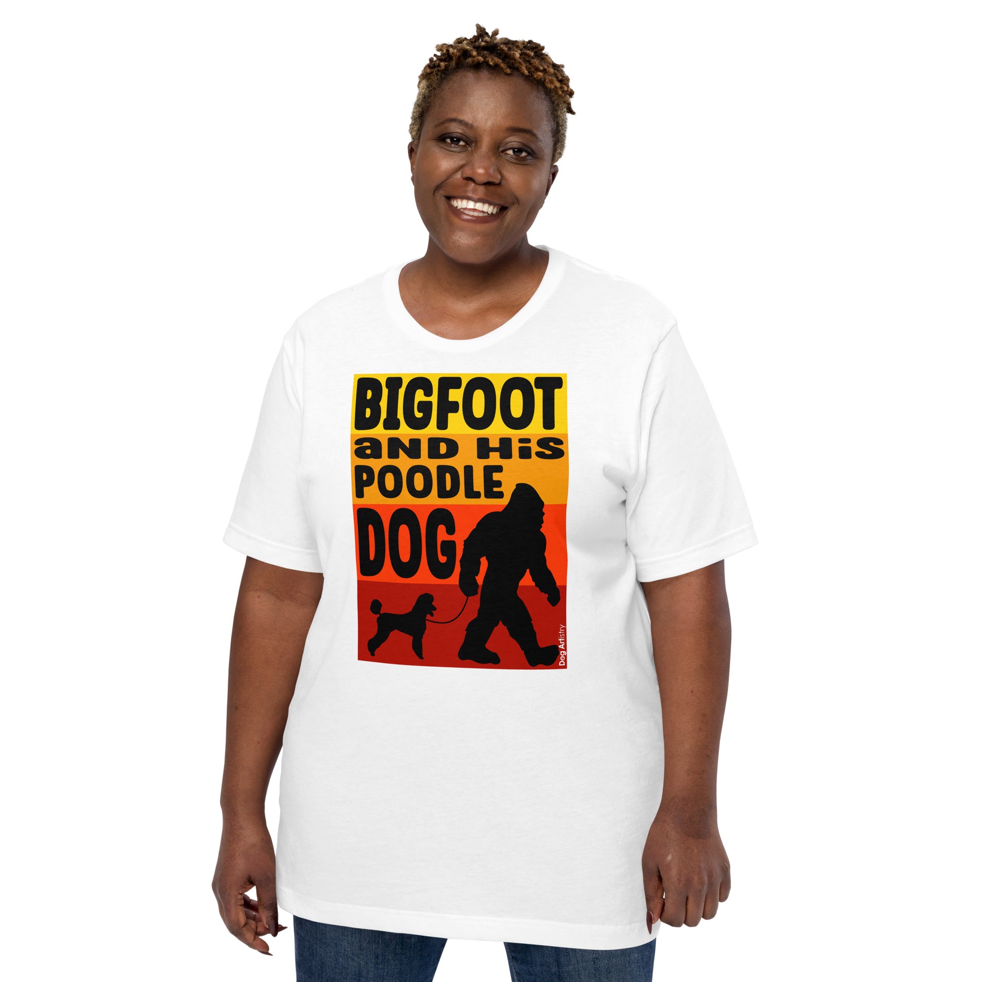 Bigfoot and his Poodle unisex white t-shirt by Dog Artistry.