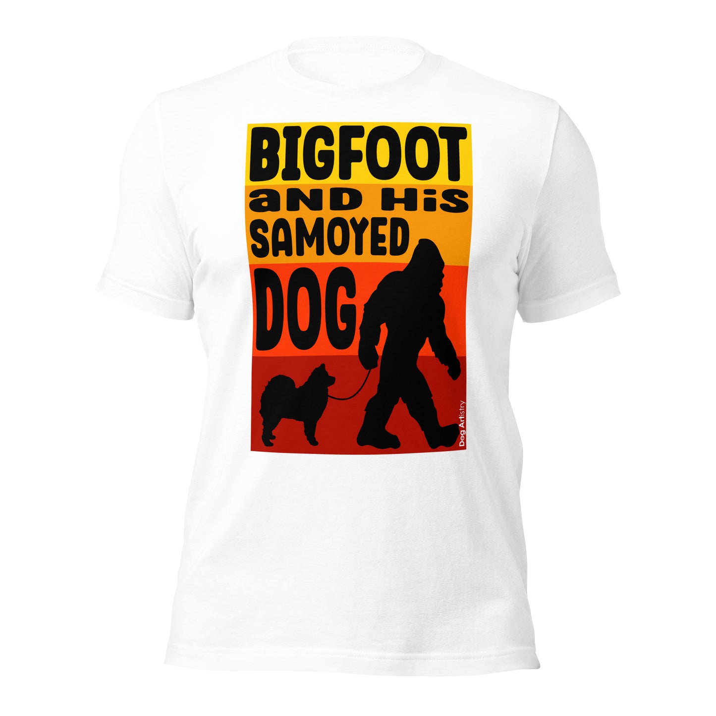 Bigfoot and his Samoyed dog unisex white t-shirt by Dog Artistry.