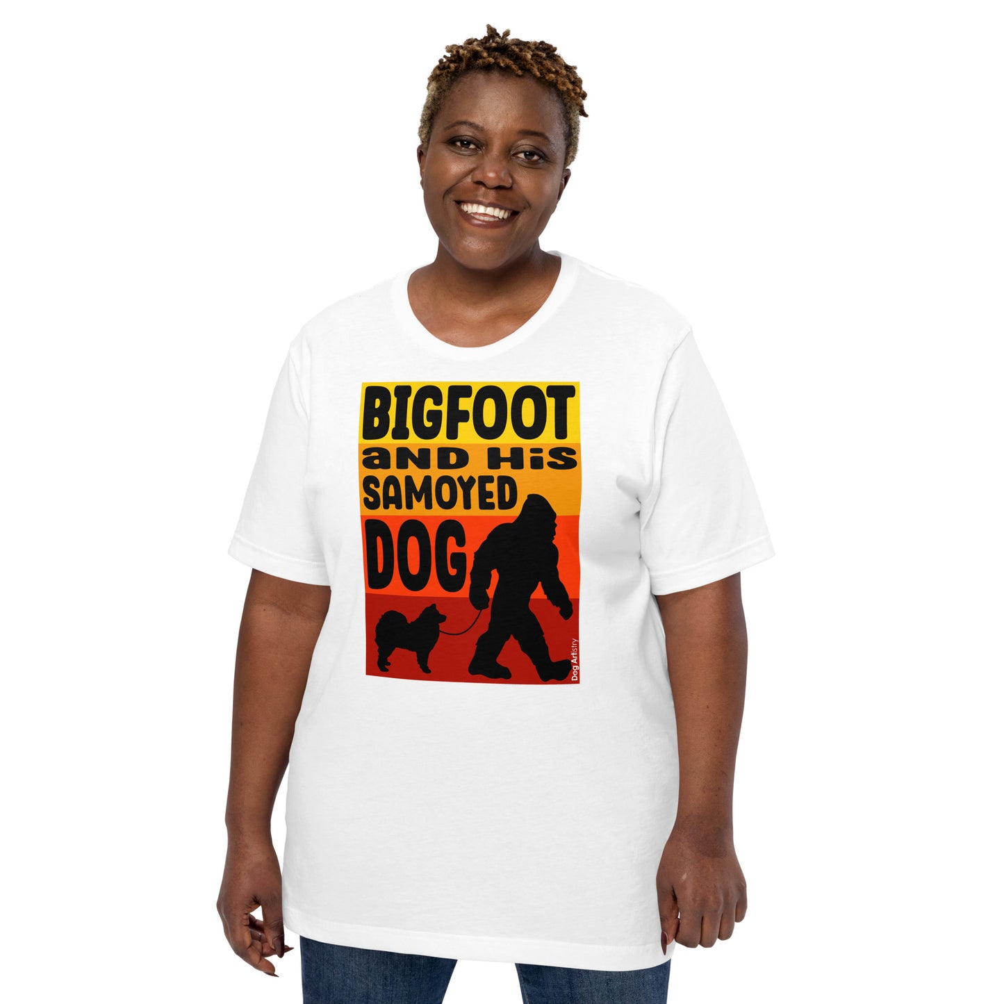 Bigfoot and his Samoyed dog unisex white t-shirt by Dog Artistry.