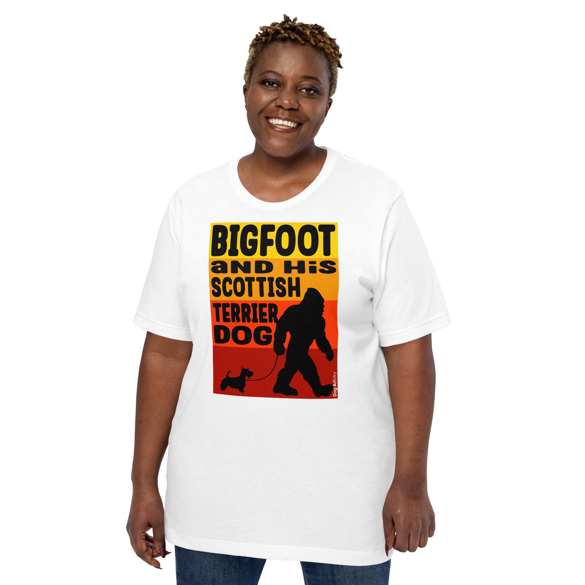Bigfoot and his Scottish Terrier dog unisex white t-shirt by Dog Artistry.