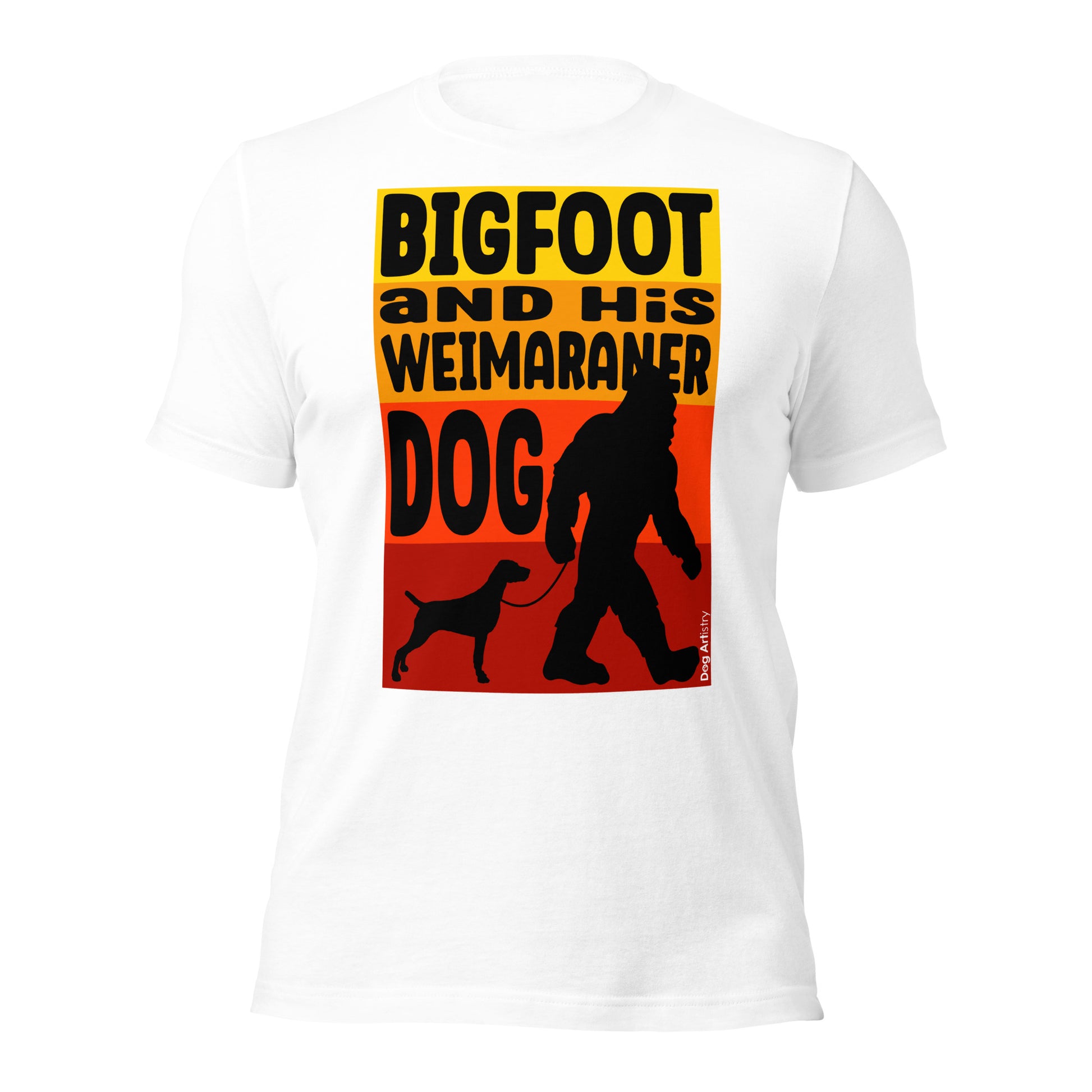 Bigfoot and his Weimaraner dog unisex white t-shirt by Dog Artistry.