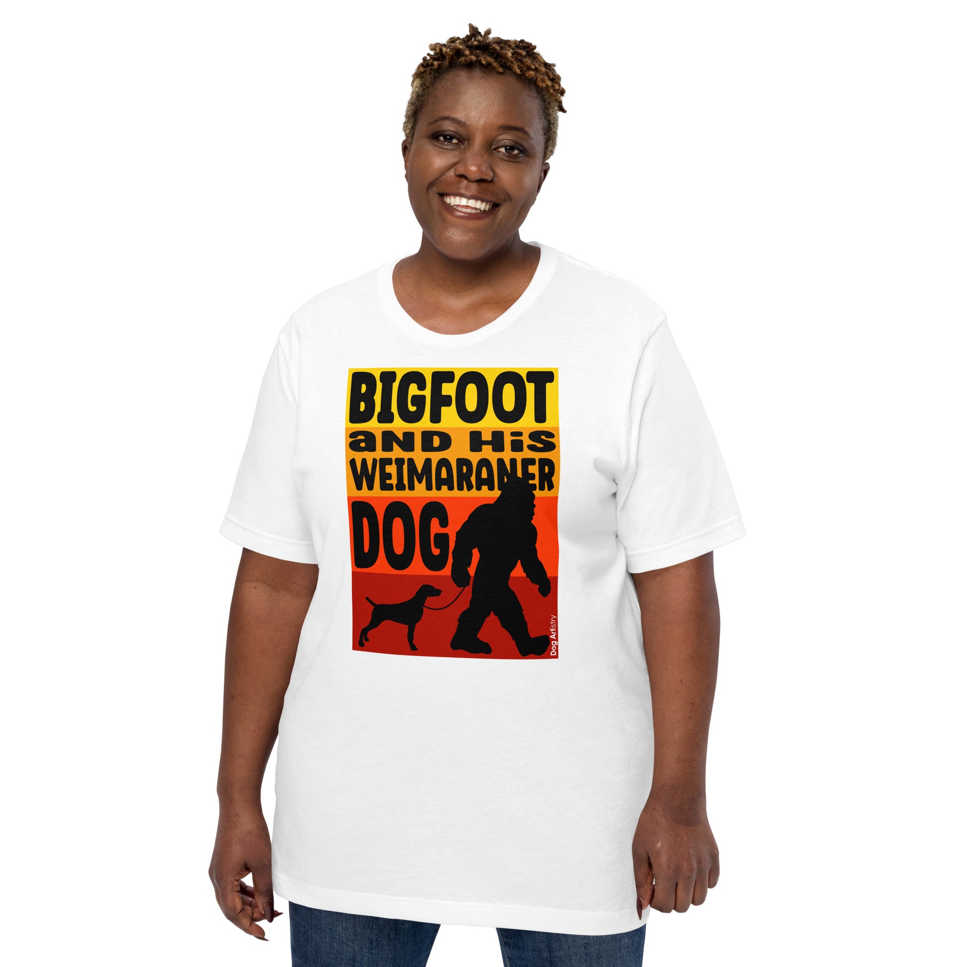 Bigfoot and his Weimaraner dog unisex white t-shirt by Dog Artistry.