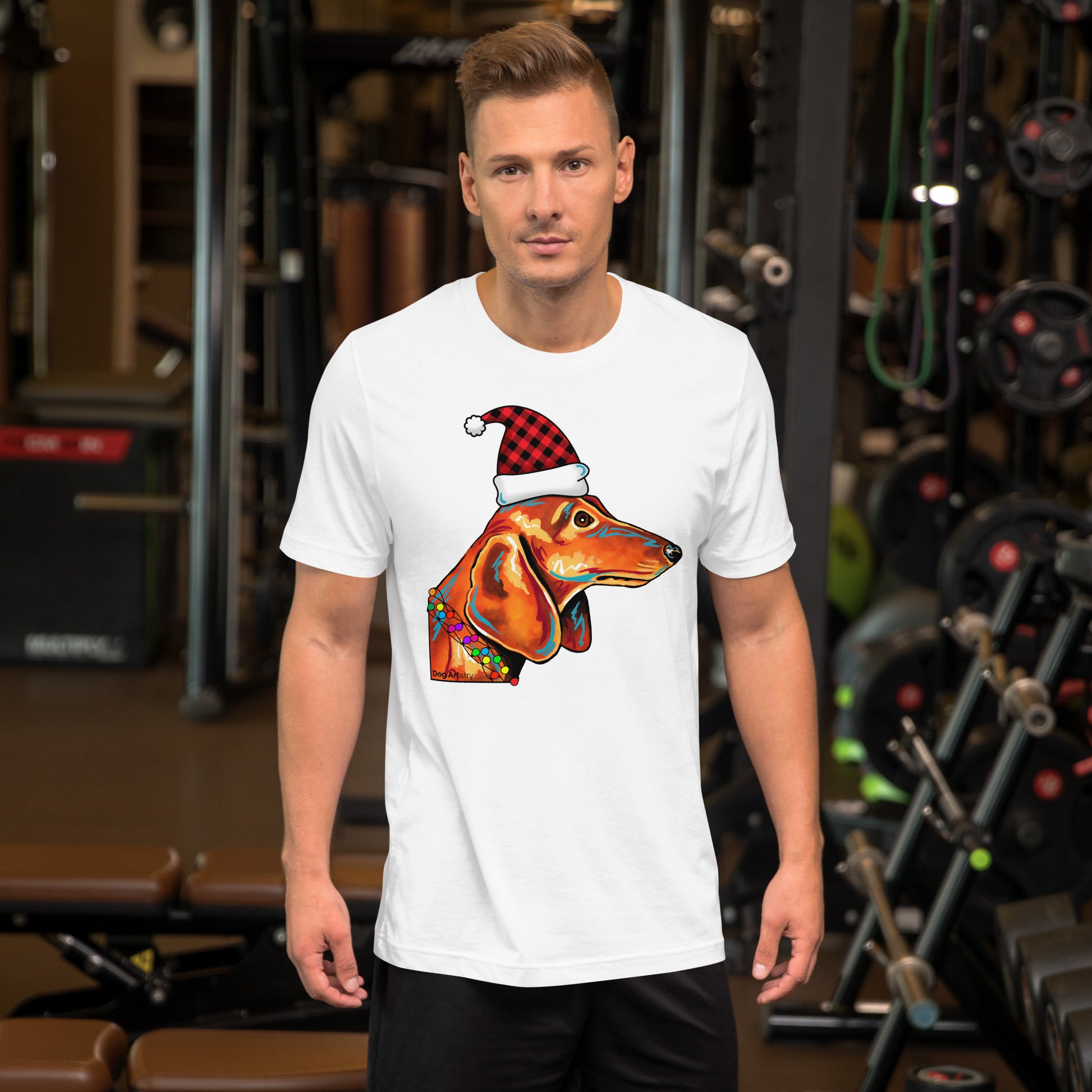 Dachshund holiday unisex t-shirt white by Dog Artistry