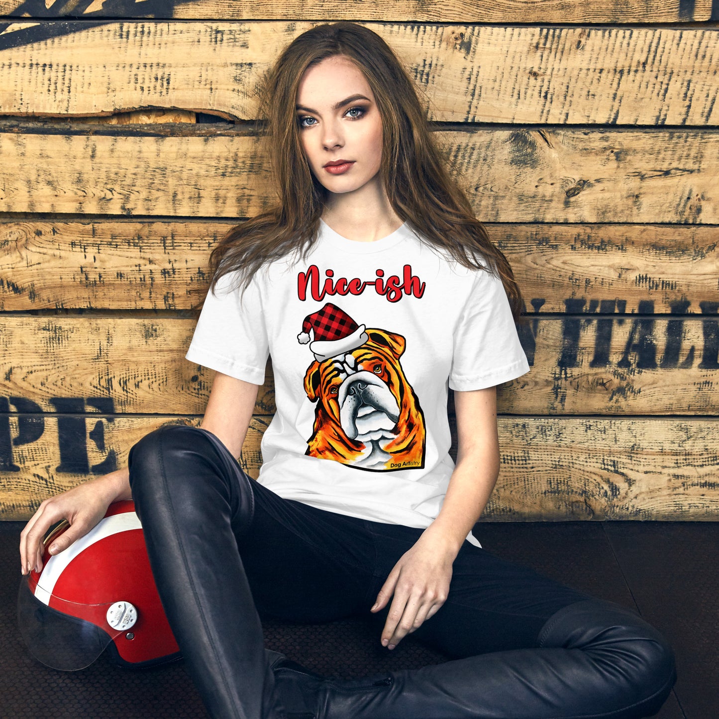 English Bulldog Nice-ish holiday unisex t-shirt white by Dog Artistry