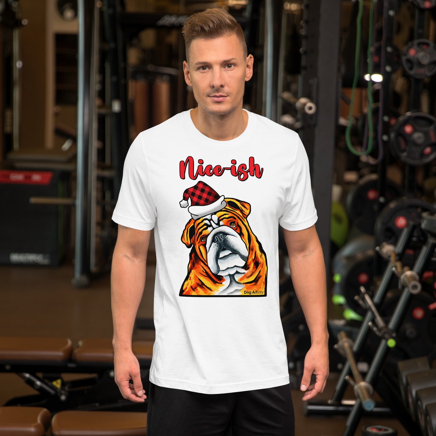 English Bulldog Nice-ish holiday unisex t-shirt white by Dog Artistry