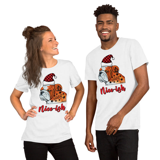 English Bulldog Nice-ish holiday unisex t-shirt white by Dog Artistry