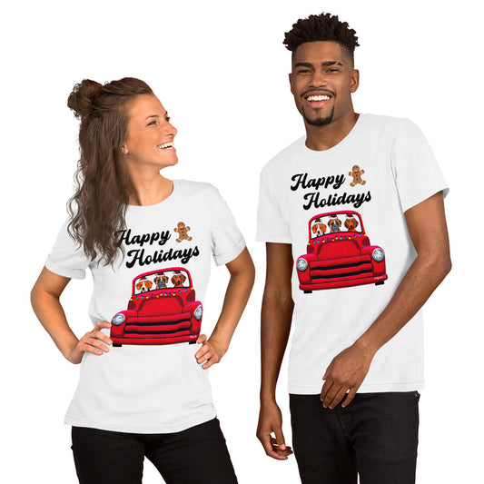 Red Holiday Truck with Beagle, Boxer, and Dachshund unisex t-shirt white by Dog Artistry