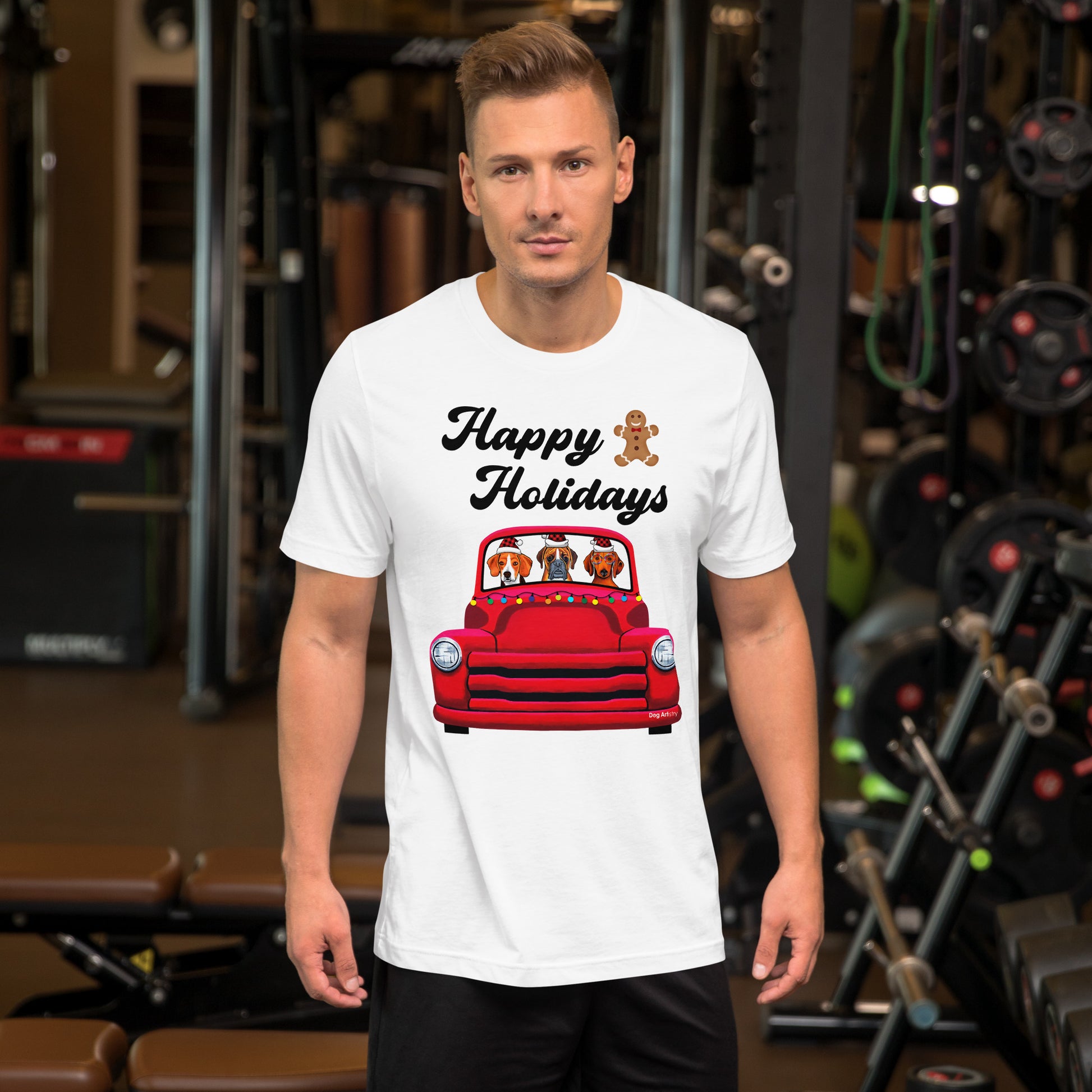 Red Holiday Truck with Beagle, Boxer, and Dachshund unisex t-shirt white by Dog Artistry