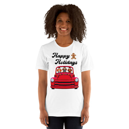 Red Holiday Truck with Beagle, Boxer, and Dachshund unisex t-shirt white by Dog Artistry