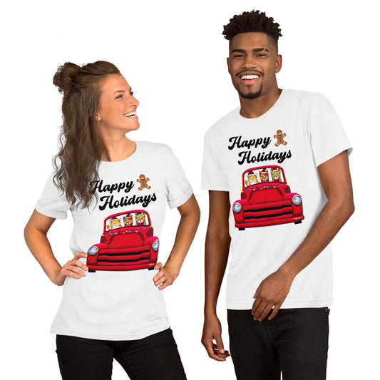 Red Holiday truck with 3 cats riding in it unisex t-shirt white by Dog Artistry