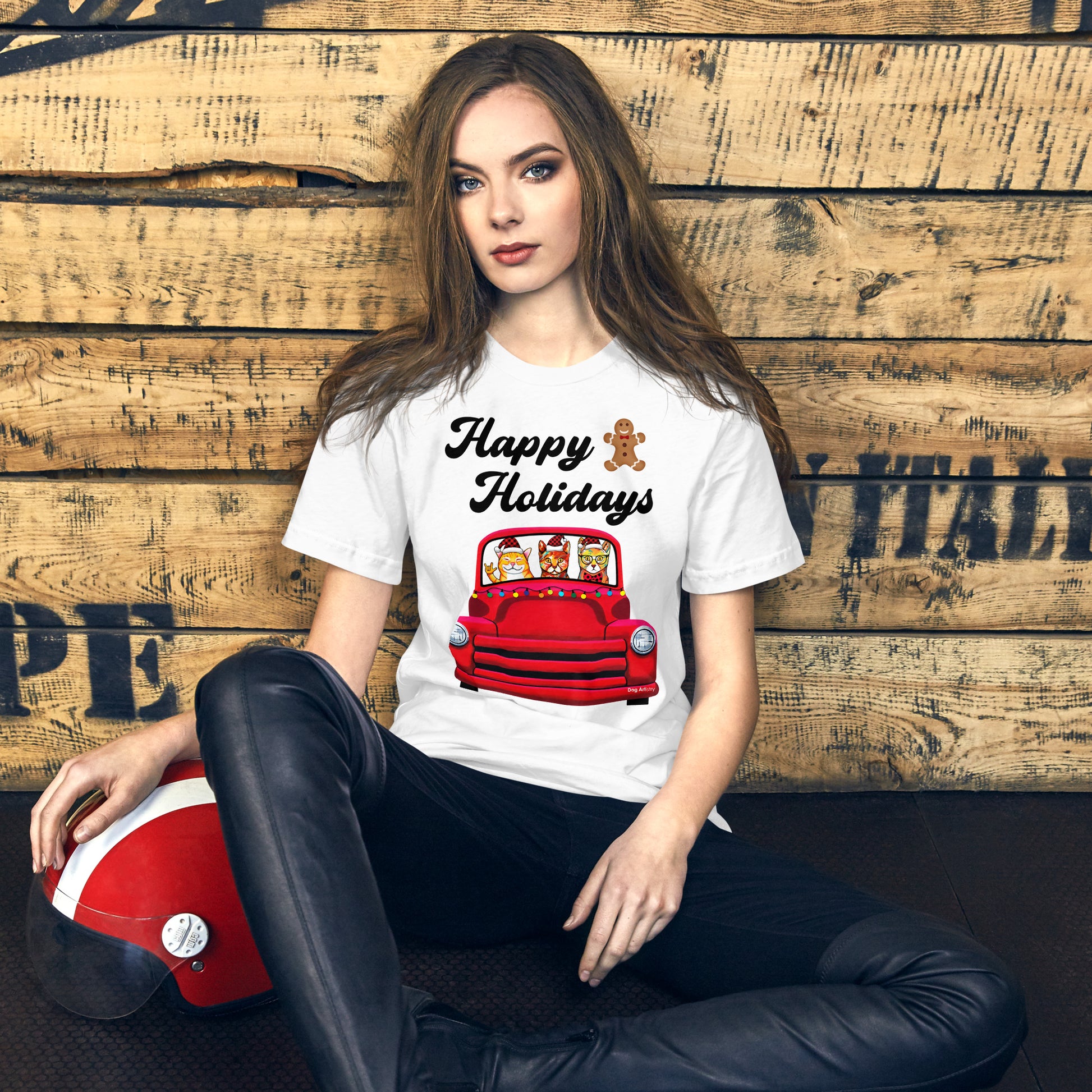 Red Holiday truck with 3 cats riding in it unisex t-shirt white by Dog Artistry