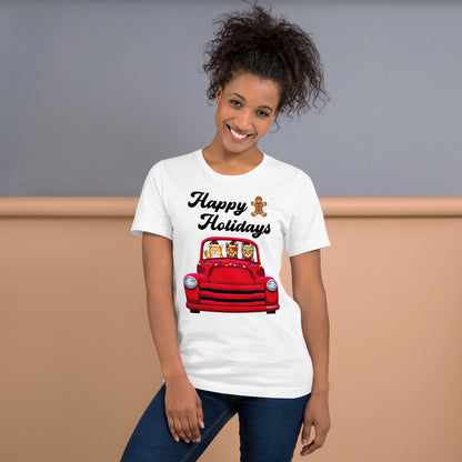 Red Holiday truck with 3 cats riding in it unisex t-shirt white by Dog Artistry