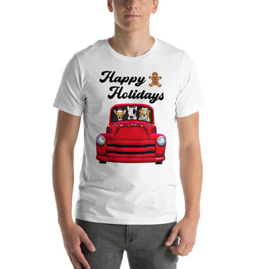 Red Holiday truck with Chihuahua, English Bull Terrier, and English Bulldog riding in it unisex t-shirt white by Dog Artistry