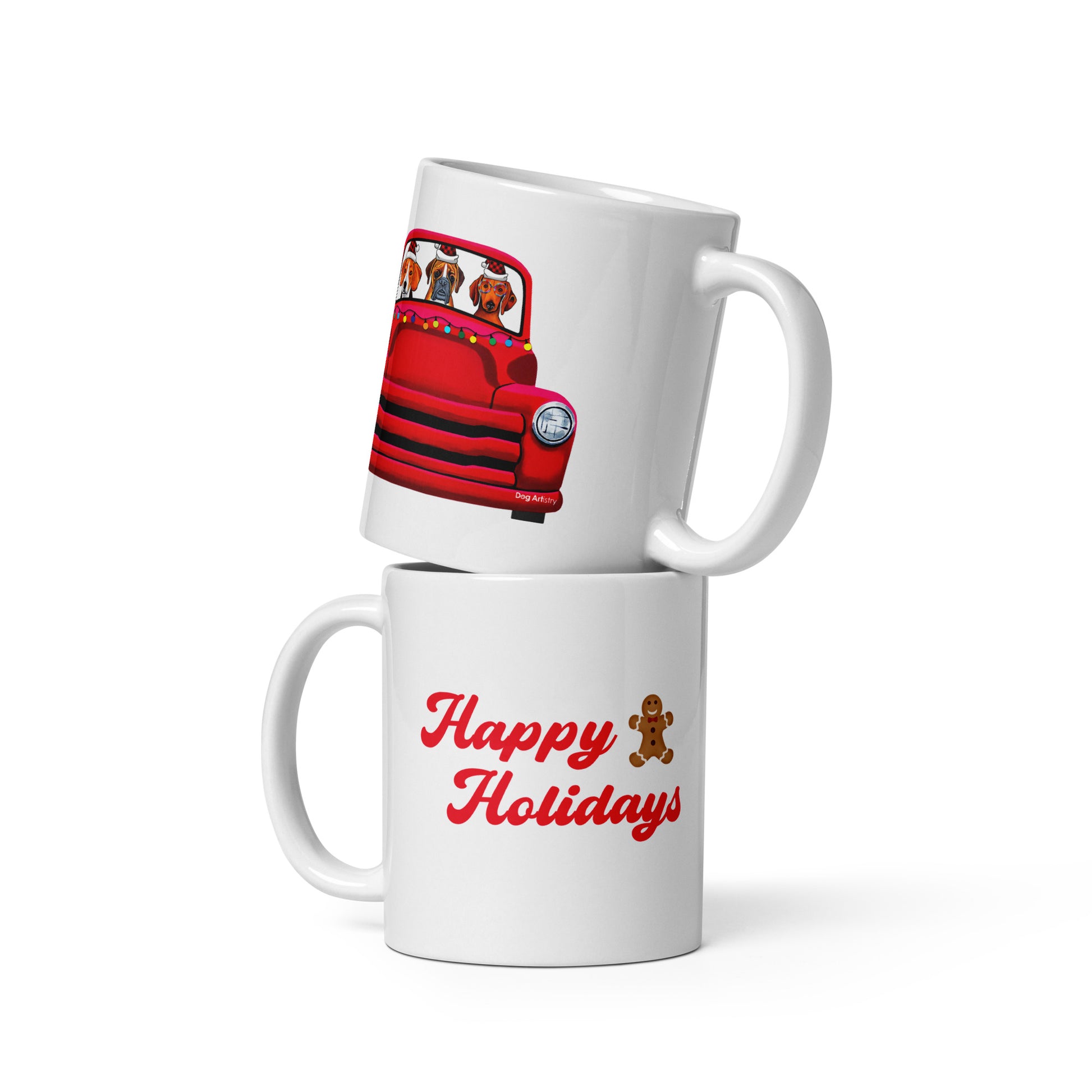 Red Truck with Beagle, Boxer, and Dachshund Holiday mug by Dog Artistry