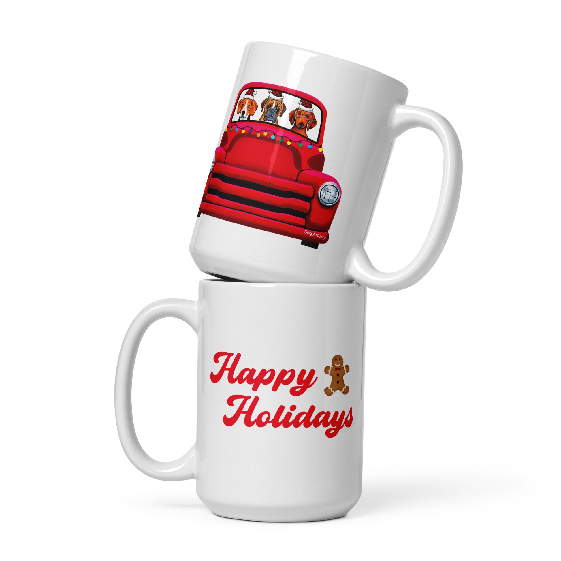 Red Truck with Beagle, Boxer, and Dachshund Holiday mug by Dog Artistry