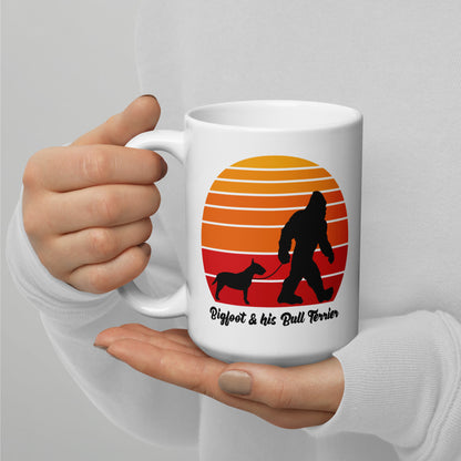 Bigfoot and his Bull Terrier White glossy mug