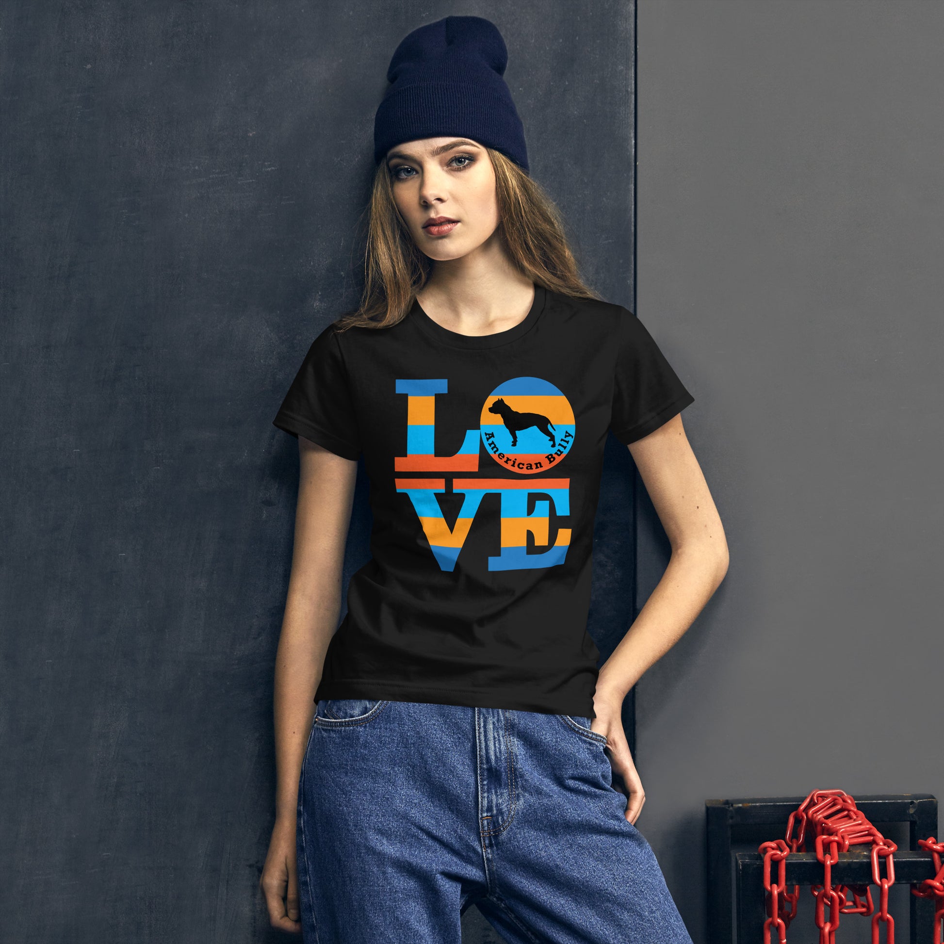 American Bully Love women’s black t-shirt by Dog Artistry.