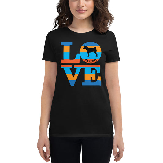 Basenji Love women’s black t-shirt by Dog Artistry.