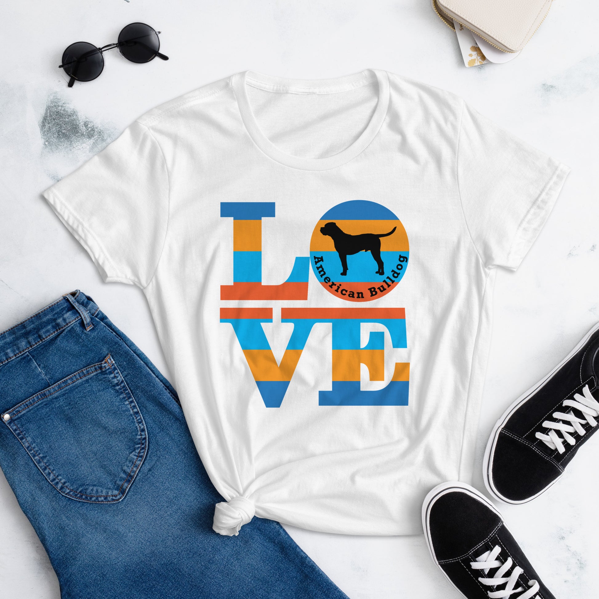 American Bulldog Love women’s white t-shirt by Dog Artistry.