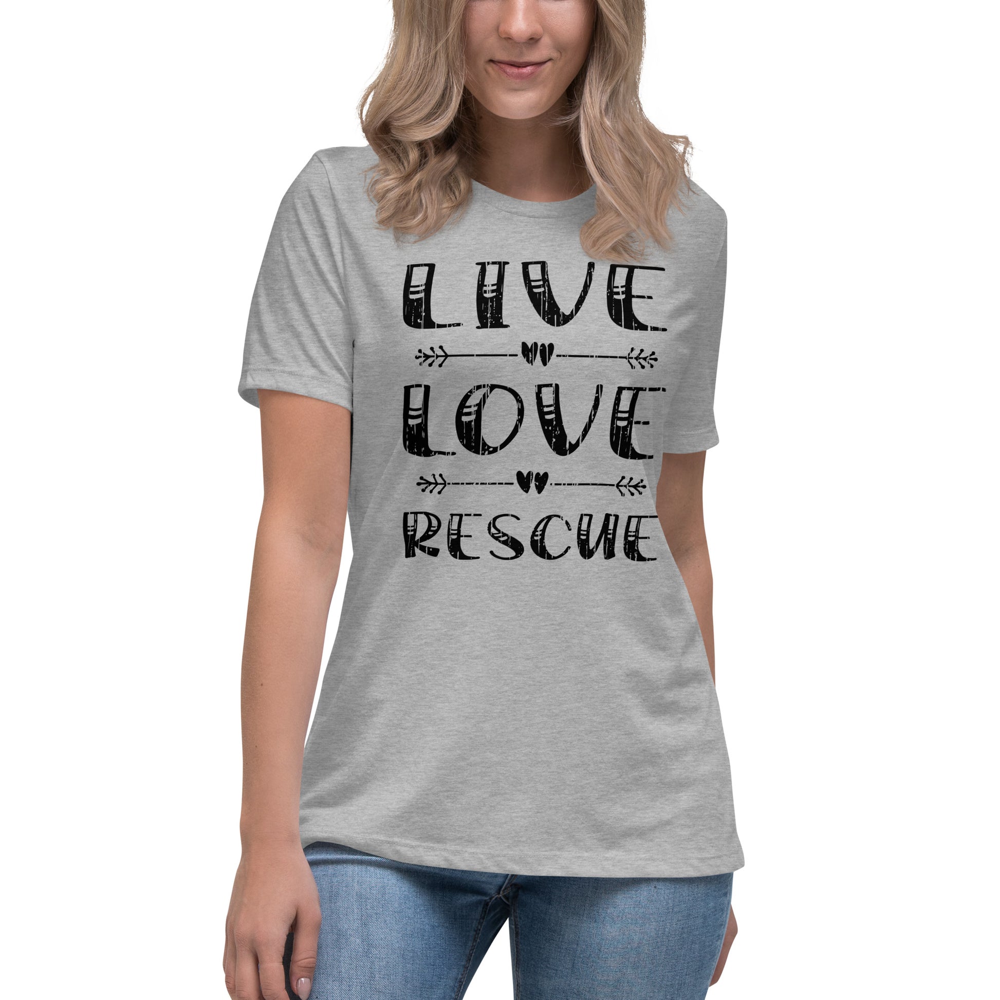 Live love rescue women’s relaxed fit t-shirts by Dog Artistry athletic heather color