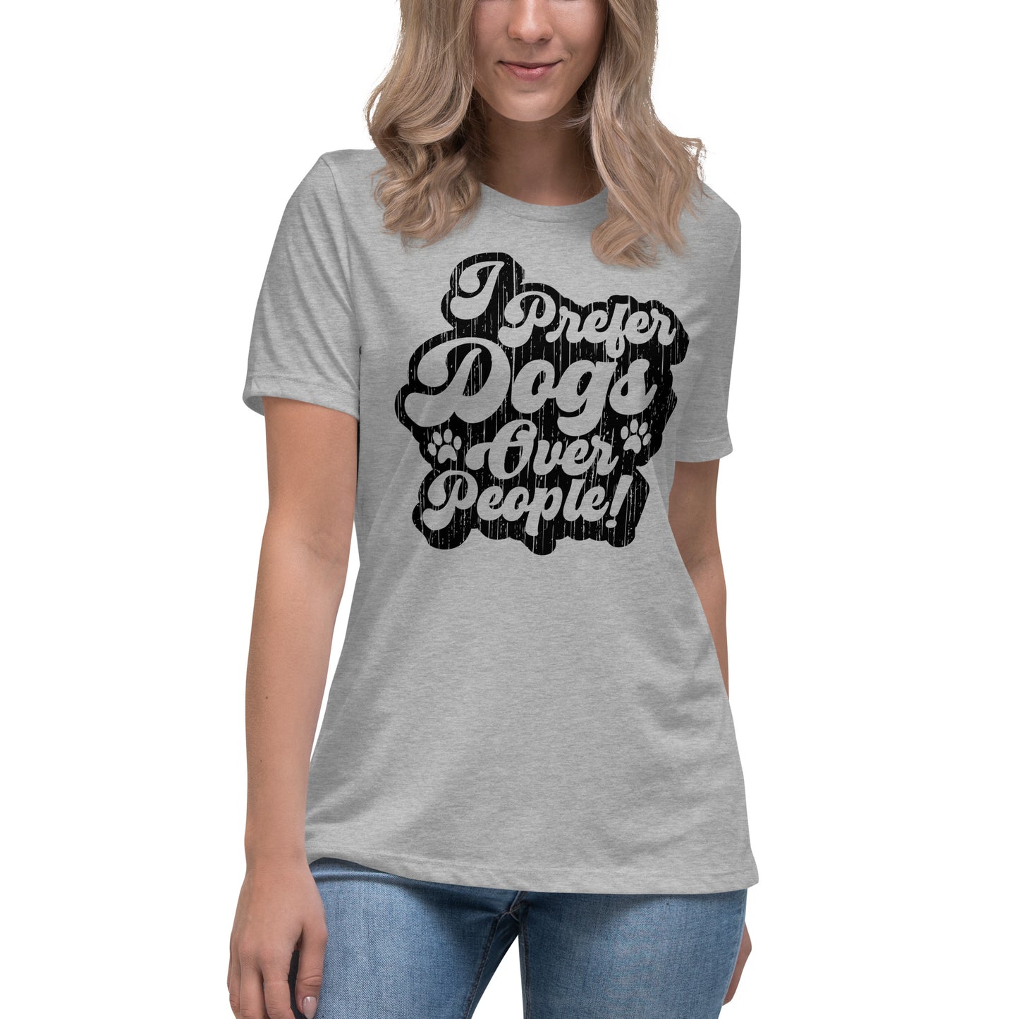 I prefer dogs over people women’s relaxed fit t-shirts by Dog Artistry athletic heather color