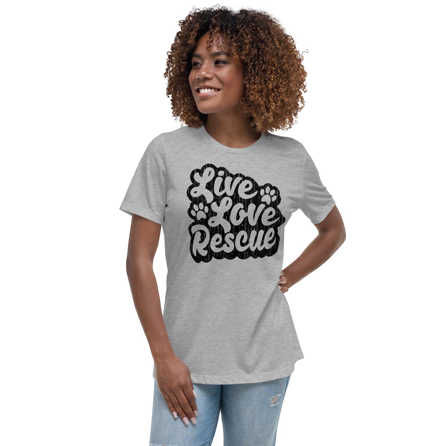 Live love rescue retro women’s relaxed fit t-shirts by Dog Artistry athletic heather color