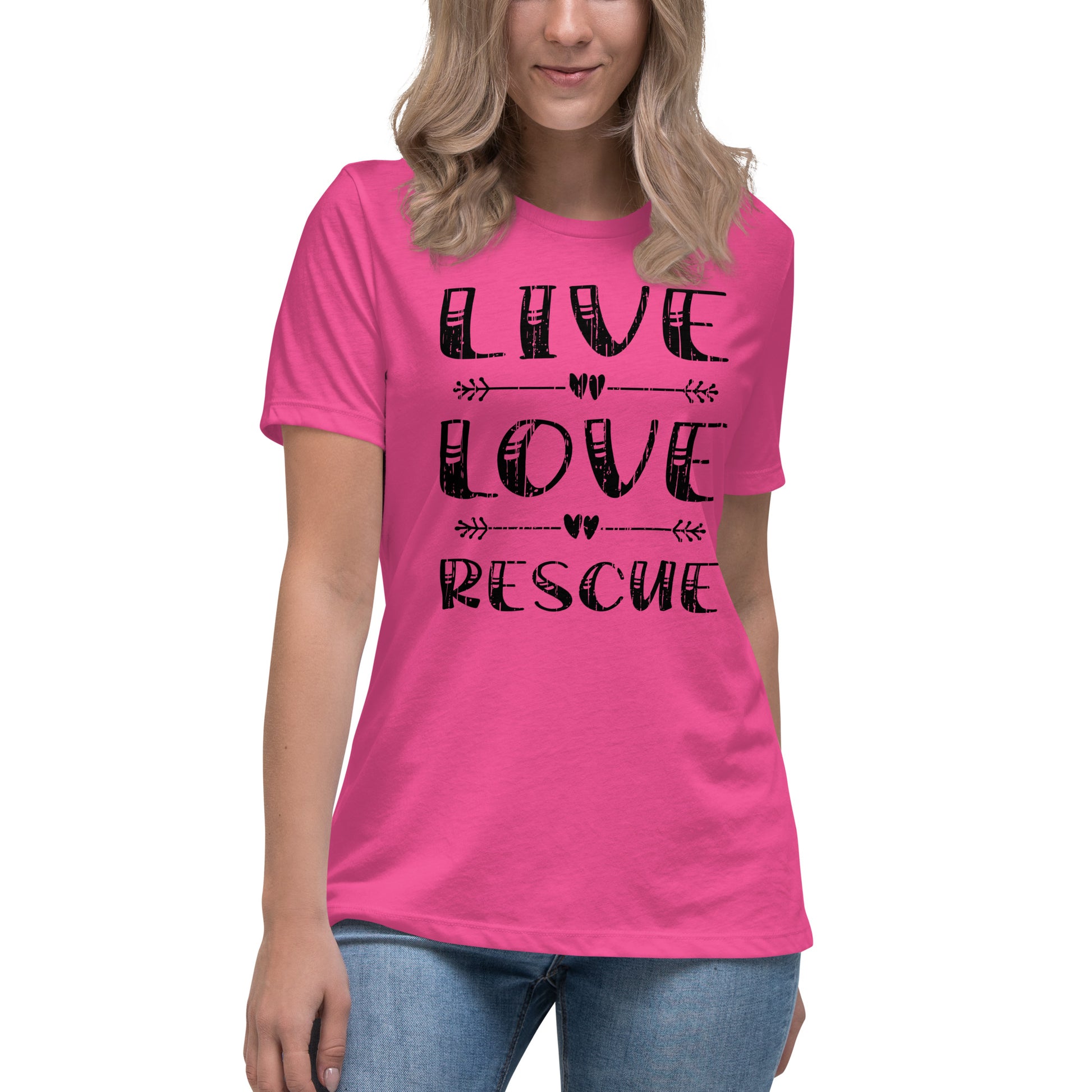 Live love rescue women’s relaxed fit t-shirts by Dog Artistry berry color
