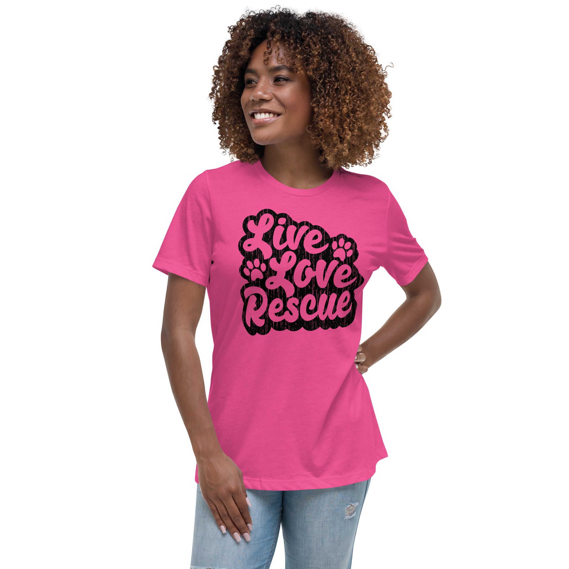 Live love rescue retro women’s relaxed fit t-shirts by Dog Artistry berry color