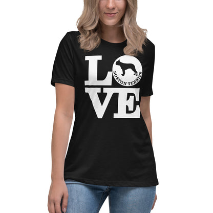 Boston Terrier Love women’s black t-shirt by Dog Artistry.