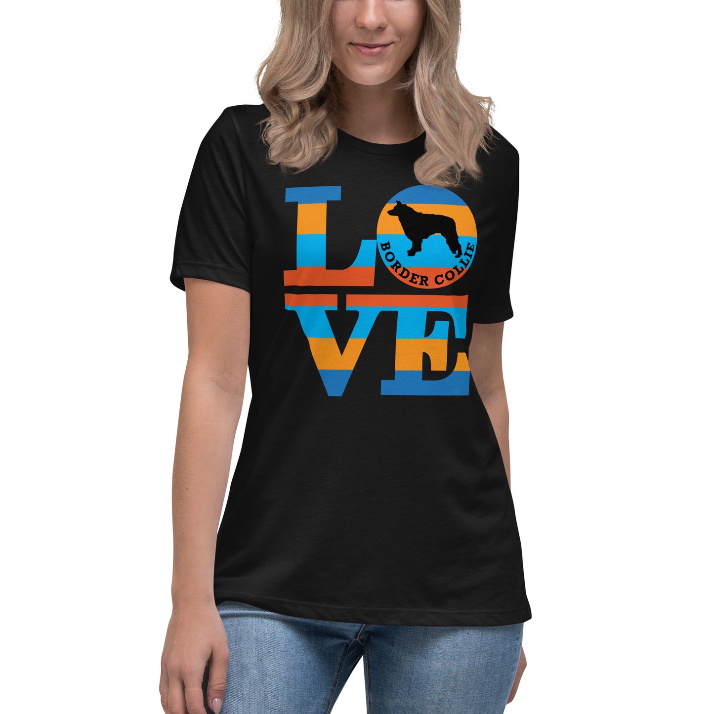 Border Collie Love women’s black t-shirt by Dog Artistry.