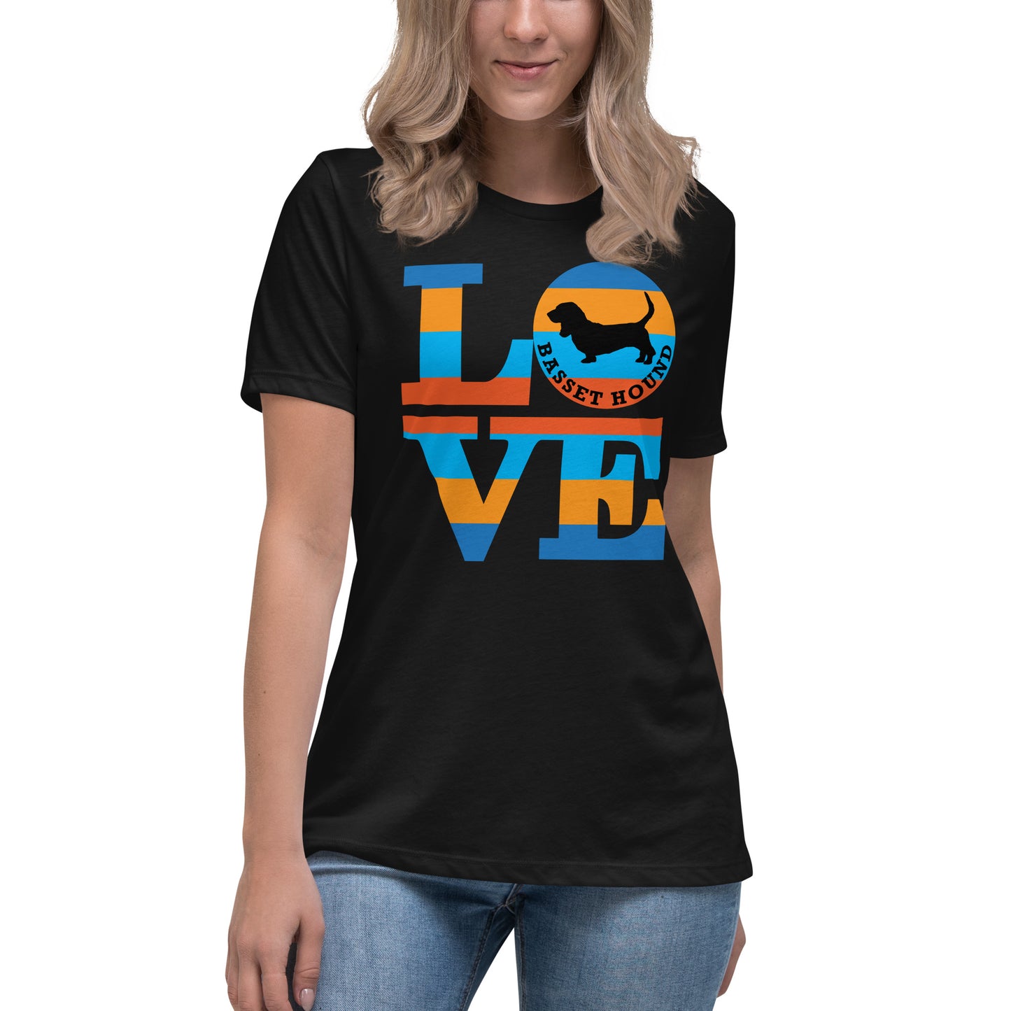 Basset Hound Love women’s black t-shirt by Dog Artistry.