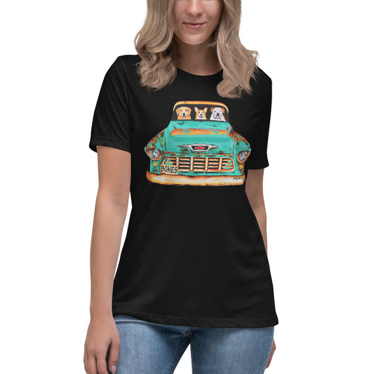 Dog Artistry Relaxed Women’s T-Shirt of a 55 Chevy Truck with Golden Retriever, Corgi, and American Bulldog