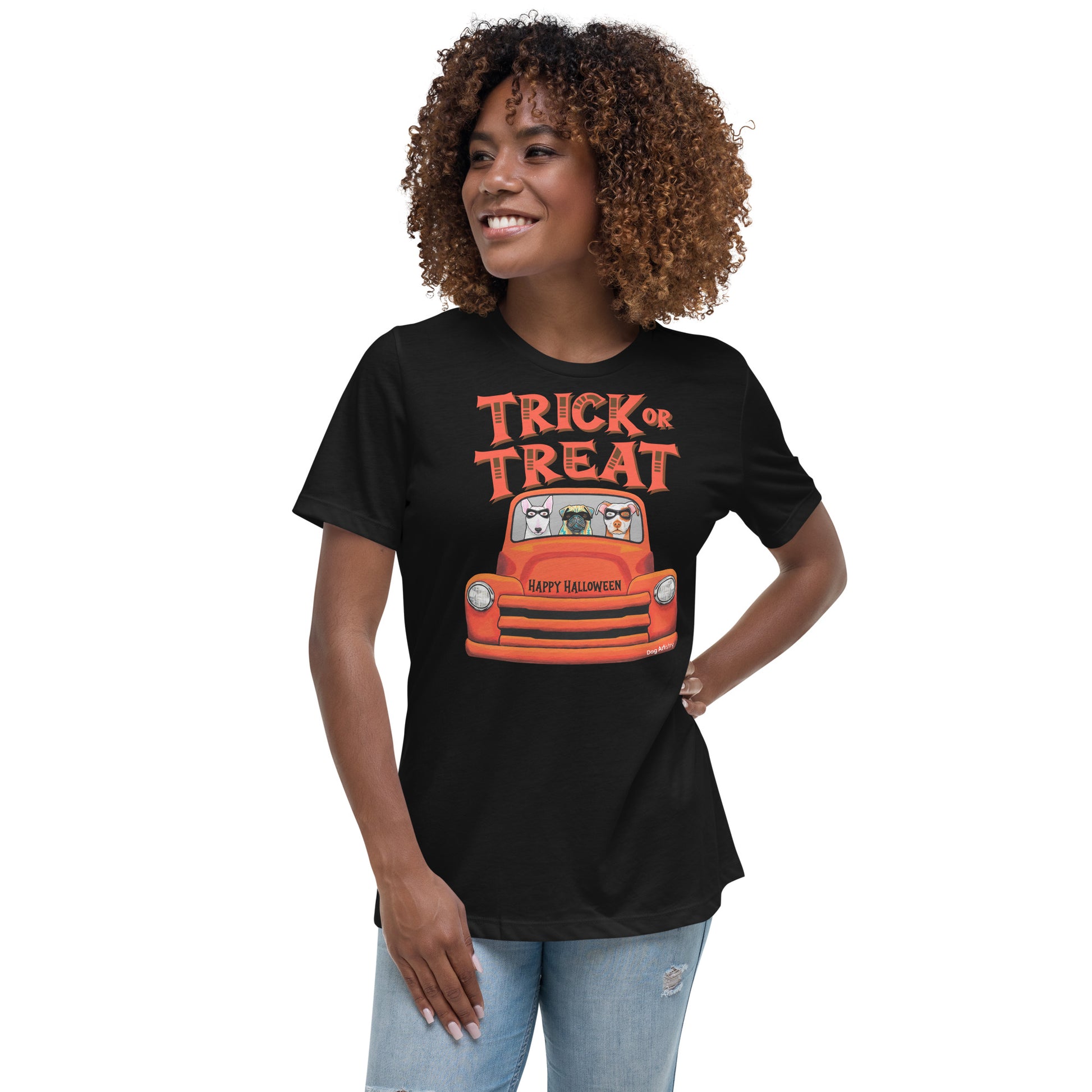 Trick or Treat Halloween old orange truck with English Bull Terrier, Pug, and American Pit Bull wearing masks women’s black t-shirt by Dog Artistry.