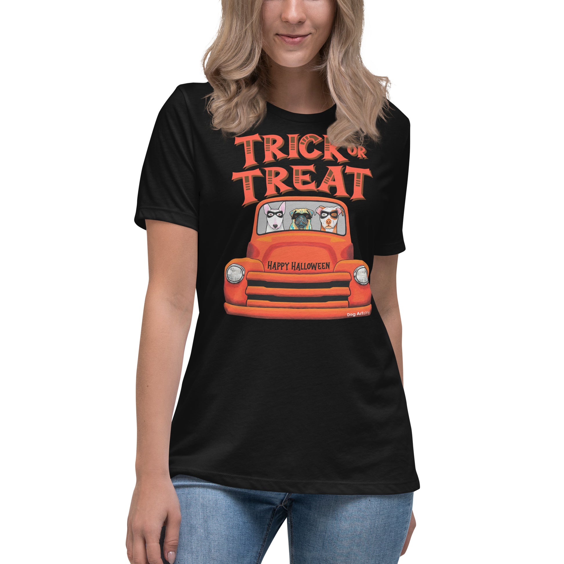 Trick or Treat Halloween old orange truck with English Bull Terrier, Pug, and American Pit Bull wearing masks women’s black t-shirt by Dog Artistry.