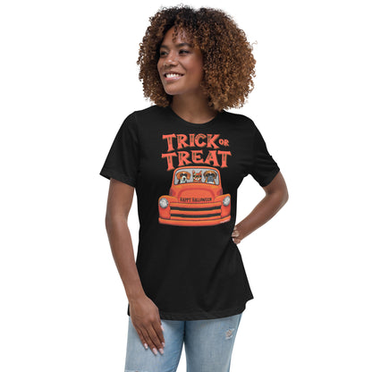 Trick or Treat Halloween old orange truck with Beagle, Cat, and Boxer wearing masks women’s black t-shirt by Dog Artistry.