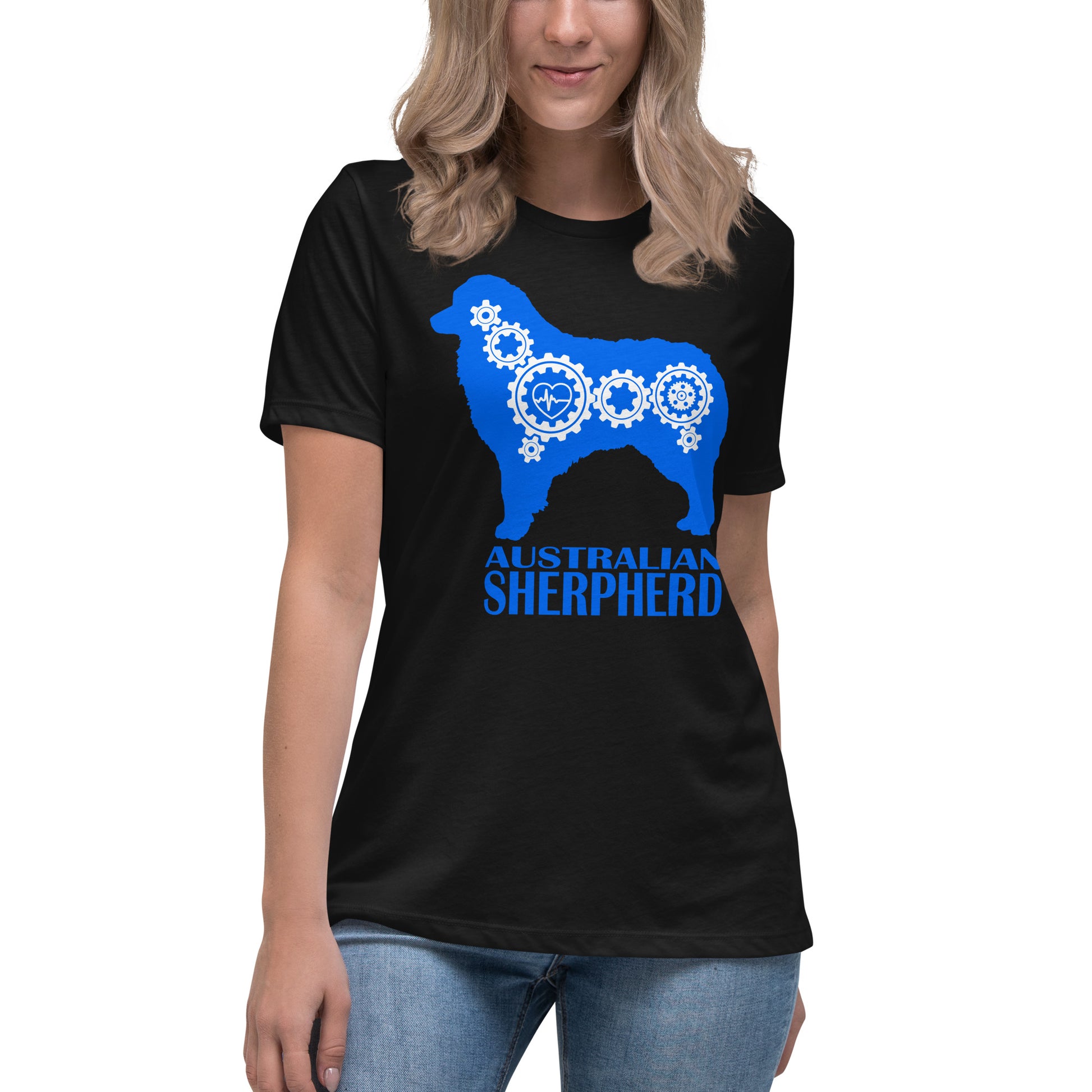 Australian Shepherd Bionic women’s black t-shirt by Dog Artistry.