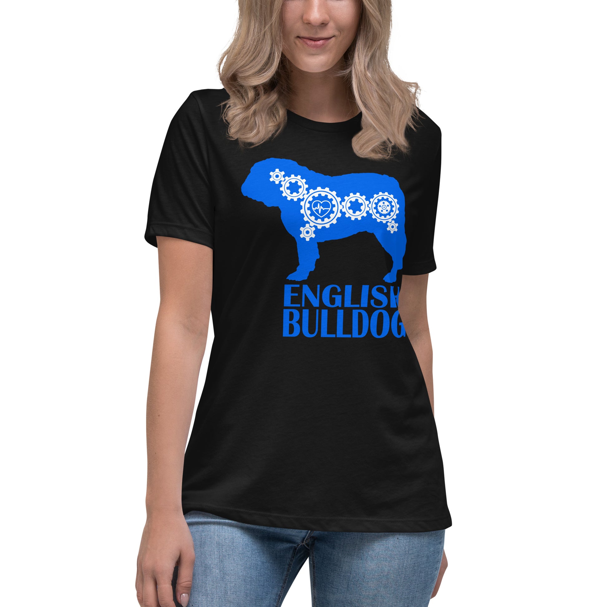 English Bulldog Bionic women’s black t-shirt by Dog Artistry.
