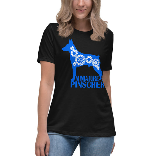 Miniature Pinscher Bionic women’s black t-shirt by Dog Artistry.