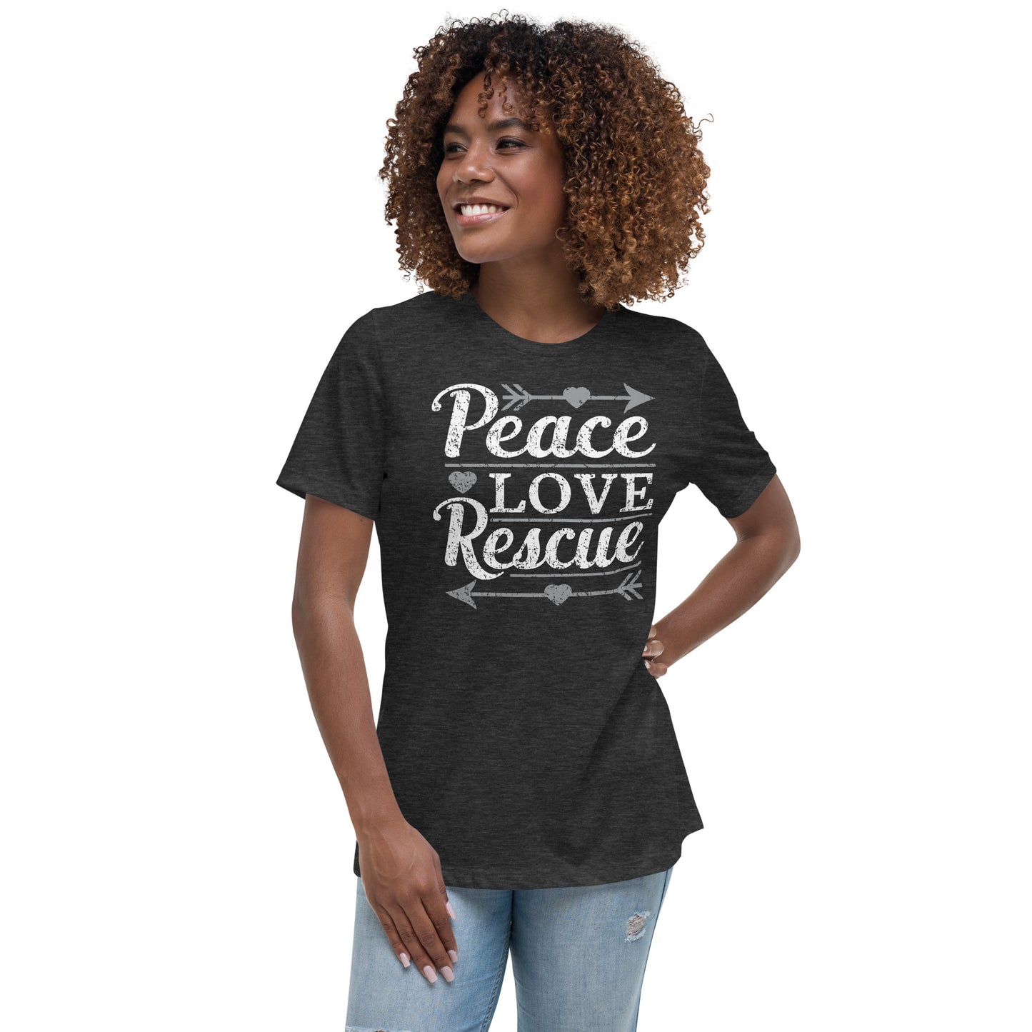 Peace love rescue women’s relaxed fit t-shirts by Dog Artistry dark grey color
