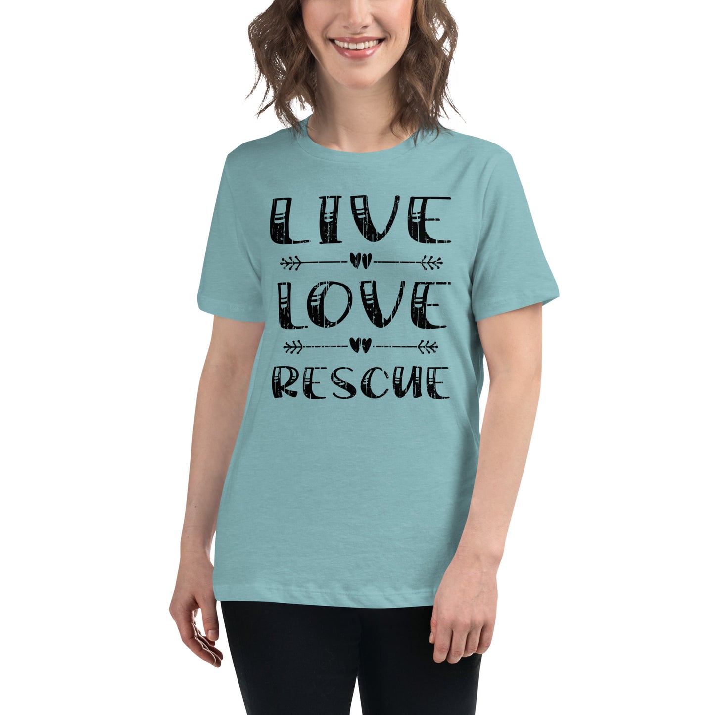 Live love rescue women’s relaxed fit t-shirts by Dog Artistry heather blue lagoon color