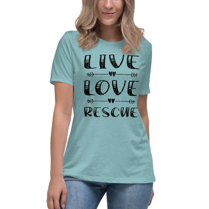 Live love rescue women’s relaxed fit t-shirts by Dog Artistry heather blue lagoon color