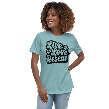 Live love rescue retro women’s relaxed fit t-shirts by Dog Artistry heather blue color