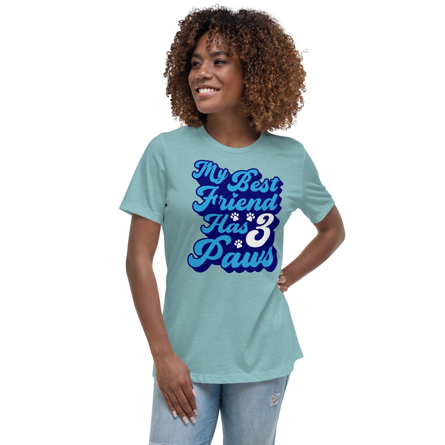 My best friend has 3 Paws women’s relaxed fit t-shirts by Dog Artistry heather blue lagoon color