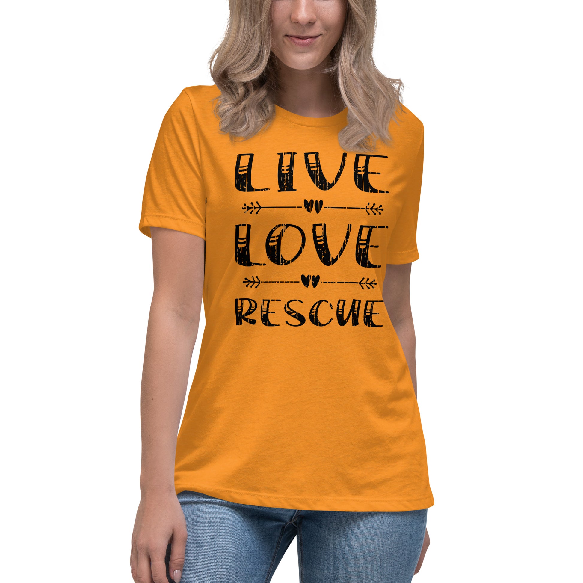 Live love rescue women’s relaxed fit t-shirts by Dog Artistry heather marmalade color